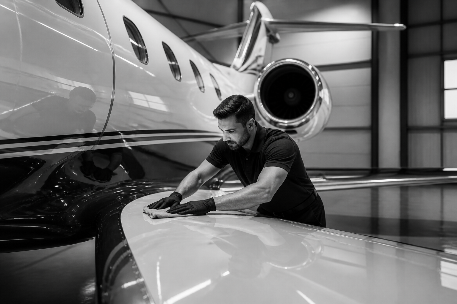 Detail technician polishing a private jet wing